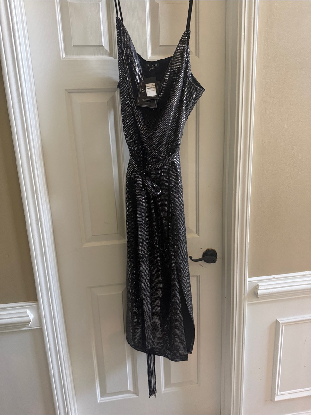City Chic Black Metallic Slip Midi Dress with Tie Waist